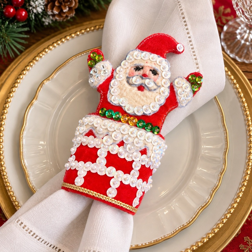 Vintage Handmade Felt Santa Napkin Rings Sequin Beaded Christmas Set of 6
